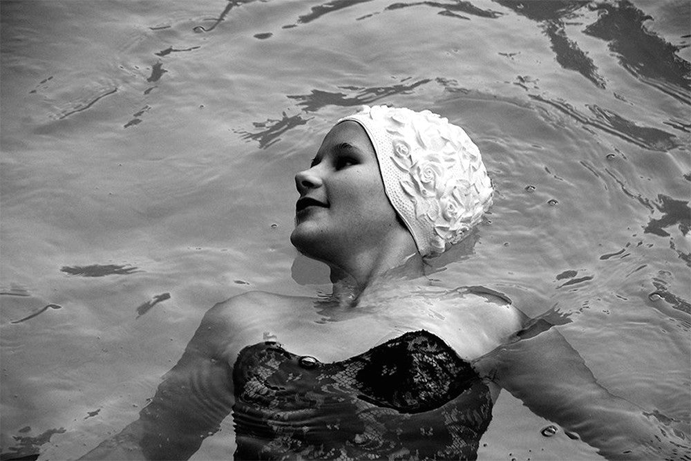 White Bathing Cap & Black Ball Gown